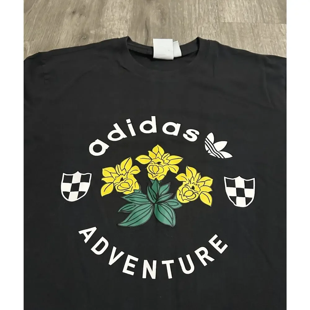 Adidas Originals Adventure Graphic Tee Men's Large Black T-Shirt Flowers